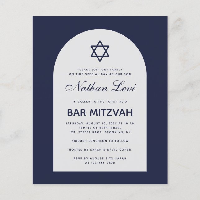 Lámina Invitación de Bar Mitzvah de Presupuesto Arco Azul (Anverso)