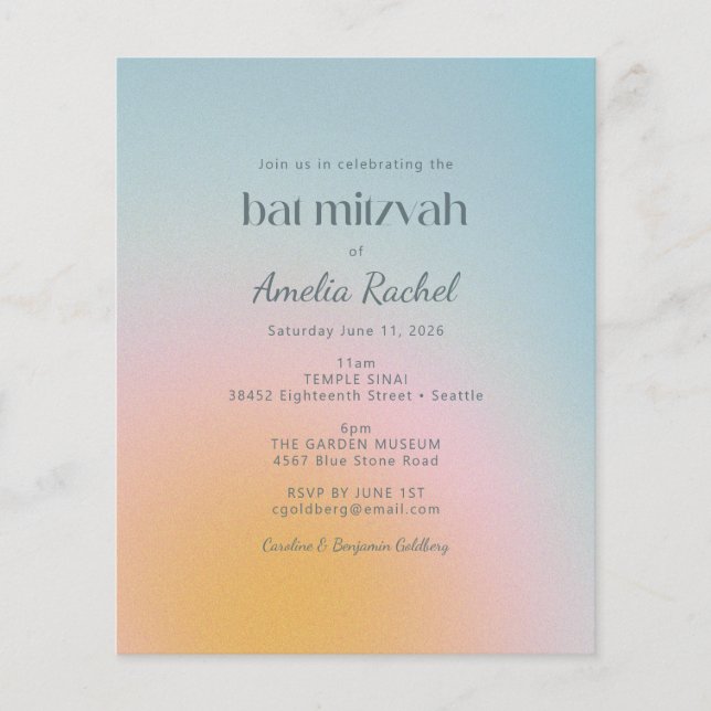 Lámina Invitación de Bat Mitzvah de degradado azul Pastel (Anverso)