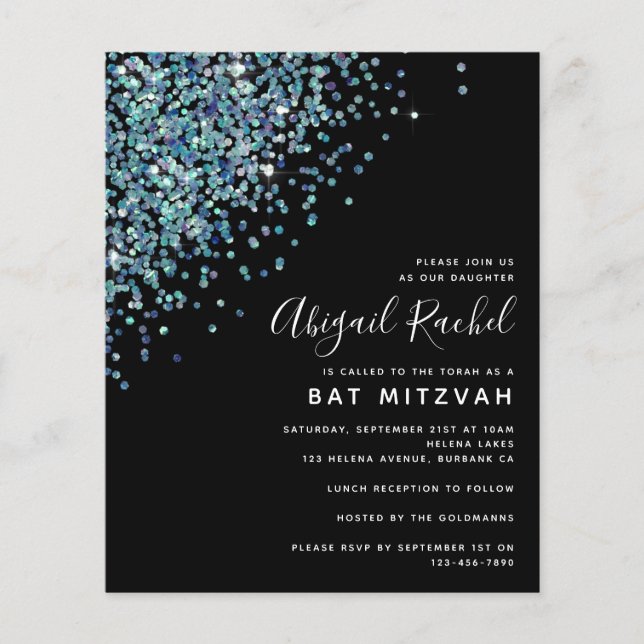Lámina Invitación de Bat Mitzvah, Purpurina Negro (Anverso)