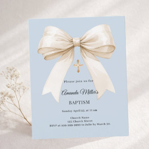 Lámina Invitación de bautizo azul polvoriento beige lazo 
