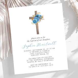 Lámina Invitación de Bautizo Cruz Dorada Azul Floral Pres
