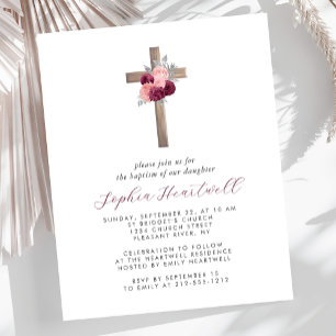 Lámina Invitación de Bautizo Cruz Floral Burgundy Blush P
