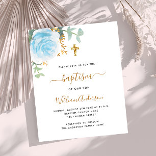 Lámina Invitación de bautizo cruz niño floral azul presup