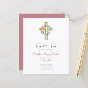 Lámina Invitación de Bautizo de Cruz de Corona Floral Ros