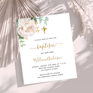Lámina Invitación de bautizo de cruz dorada floral blanca
