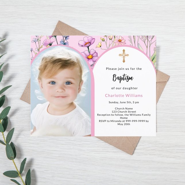 Lámina Invitación de Bautizo de niña con arco floral rosa (Subido por el creador)