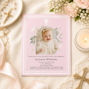 Lámina Invitación de bautizo de niña con flores rosadas y