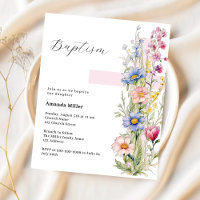 Invitación de bautizo de niña con flores rosadas y