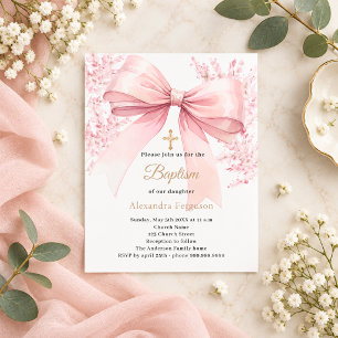 Lámina Invitación de bautizo de niña con flores y lazo ro