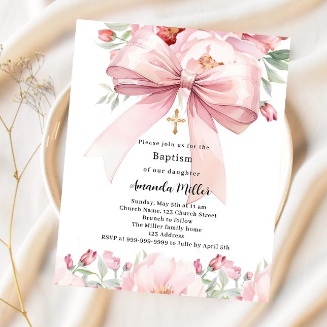 Lámina Invitación de bautizo de niña con lazo rosa (Subido por el creador)