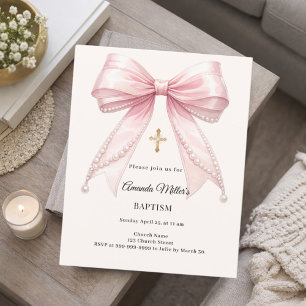 Lámina Invitación de Bautizo de Niña con Lazo Rosa y Perl