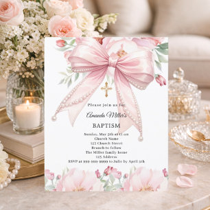 Lámina Invitación de bautizo de niña con perlas florales 