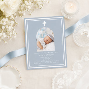 Lámina Invitación de bautizo de niño con arco de foto azu