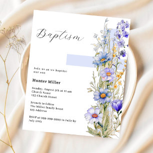 Lámina Invitación de bautizo de niño con cruz azul floral