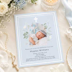 Lámina Invitación de bautizo de niño con florales de foto