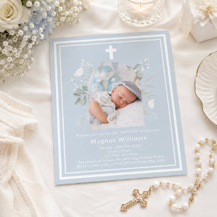 Lámina Invitación de bautizo de niño con florales de foto