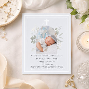 Lámina Invitación de bautizo de niño con florales de foto