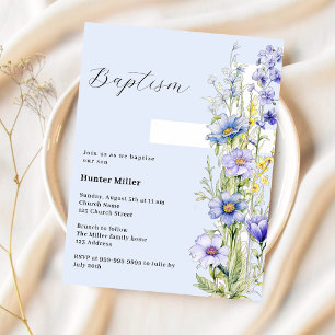 Lámina Invitación de bautizo de niño con flores azules