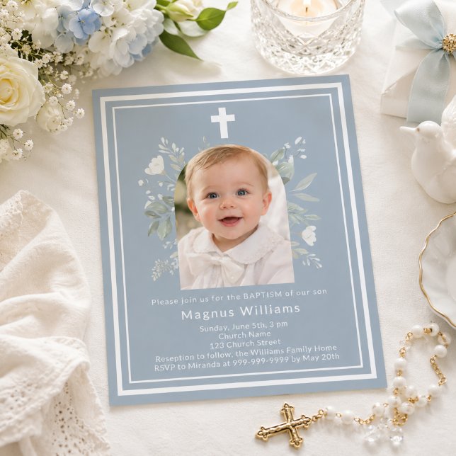 Lámina Invitación de bautizo de niño con flores fotográfi (Subido por el creador)