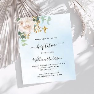Lámina Invitación de bautizo floral blanca azul niño