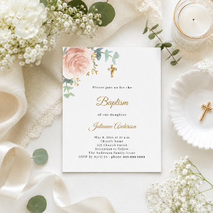 Lámina Invitación de bautizo rosa floral niña cruz dorada