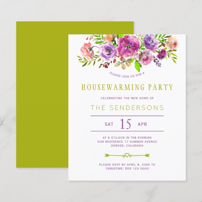 Lámina Invitación de bienvenida a casa con flores moradas (Anverso / Reverso)