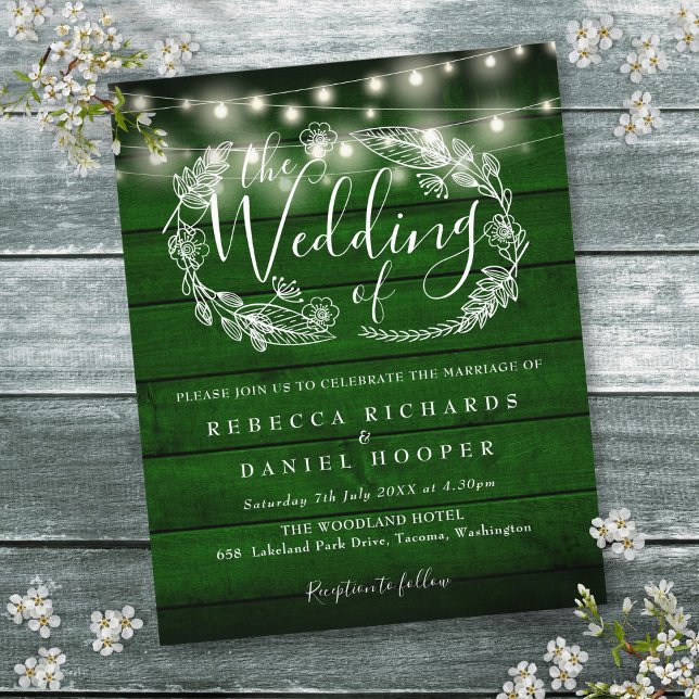 Lámina Invitación de boda a las luces de cadena rustica v (Budget Green Rustic String Lights Wedding Invite)