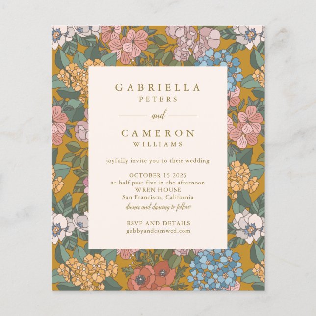 Lámina Invitación de boda amarilla floral boho moderna ec (Anverso)
