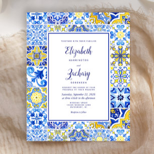 Lámina Invitación de boda azul amarilla de baldosa portug