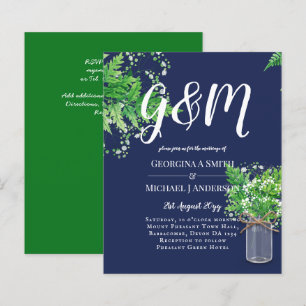 Lámina Invitación de boda azul con helechos rústicos econ
