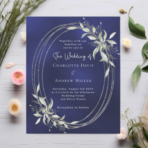 Lámina Invitación de boda azul marino con plata y vegetac