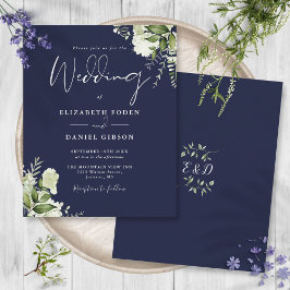 Lámina Invitación de boda azul marino con vegetación econ