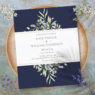 Lámina Invitación de boda azul marino con vegetación econ