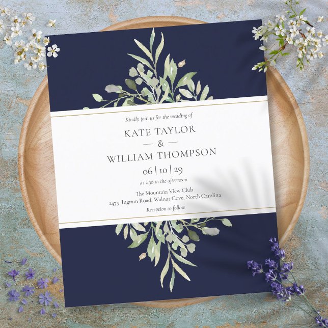 Lámina Invitación de boda azul marino con vegetación econ (Budget Greenery Navy Blue Wedding Invitation)