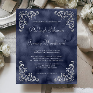 Lámina Invitación de boda azul marino de plata económica