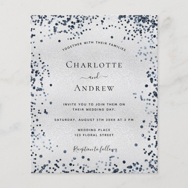 Lámina Invitación de boda azul marino plateado presupuest (Anverso)