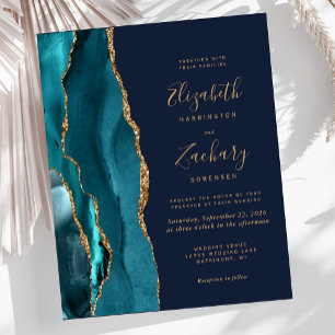 Lámina Invitación de Boda Azul Teal Dorado Ágata Azul Mar