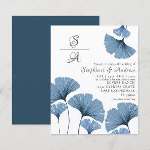 Lámina Invitación de boda azul y blanco con follaje econó