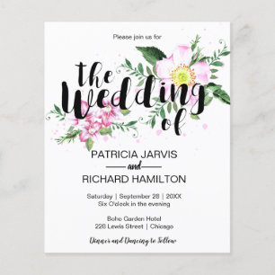 Lámina Invitación de boda barata con acuarela floral rosa