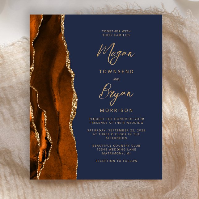 Lámina Invitación de boda Budget Burnt Orange Agate Navy  (Subido por el creador)