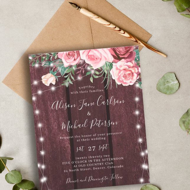 Lámina Invitación de boda burgundy con rubor rústico econ (Subido por el creador)