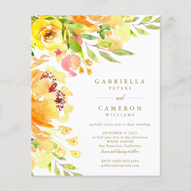 Lámina Invitación de boda con acuarela floral amarilla ec (Anverso)