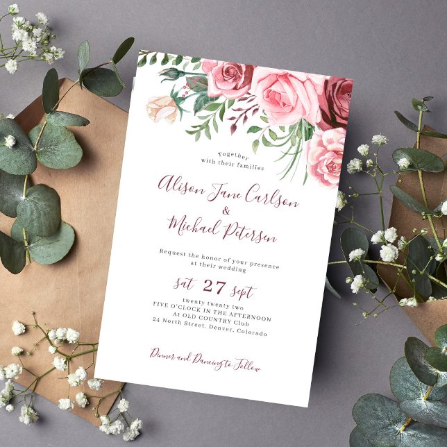 Lámina Invitación de boda con acuarela floral rosa económ (Subido por el creador)