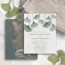 Invitación de boda con acuarela verde de ginkgo co