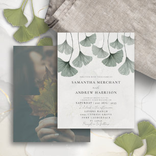 Lámina Invitación de boda con acuarela verde de ginkgo co