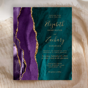 Lámina Invitación de boda con ágata dorada y púrpura azul
