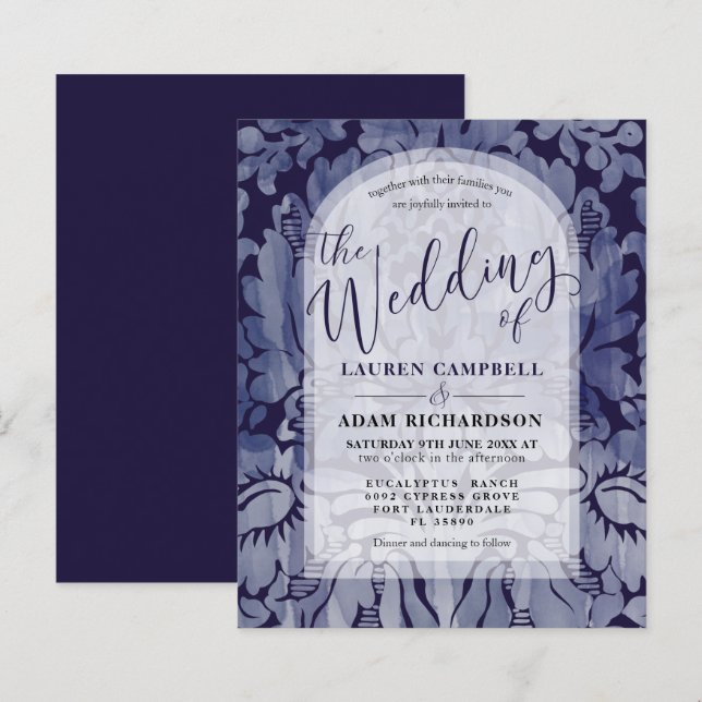 Lámina Invitación de boda con arco de damasco azul marino (Anverso / Reverso)