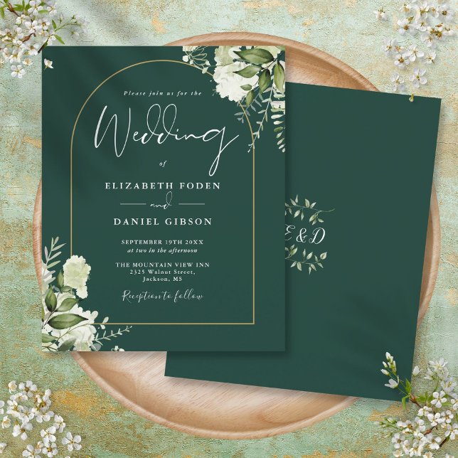 Lámina Invitación de boda con arco de flores de esmeralda (Budget Emerald Floral Gold Arch Wedding Invite)