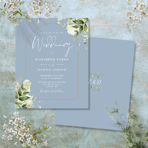 Lámina Invitación de boda con arco dorado floral azul pol