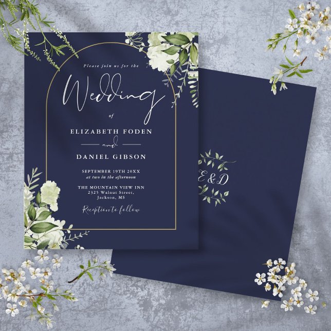 Lámina Invitación de boda con arco floral azul marino eco (Budget Navy Blue Floral Gold Arch Wedding Invite)